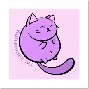 Purple Asian Inspired Cartoon Kitty saying I'm Introverting Posters and Art